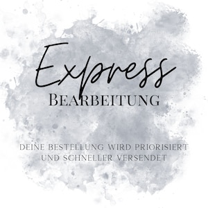 Könnte beinhalten: Eine Grafik im Aquarellstil mit grauem Hintergrund und dem Text "Express Bearbeitung" in Schwarz. Unter dem Text steht der Satz "Deine Bestellung wird priorisiert und schneller versendet".
