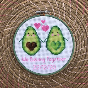 Personalised Cute Kawaii Avocado Cross Stitch PDF Pattern - We Belong Together - Heart, Anniversary, Custom, Love, Cotton