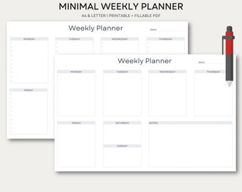May include: A printable weekly planner with two layouts. The first layout has a column for each day of the week, Monday through Thursday. The second layout has a column for each day of the week, Monday through Sunday, with a separate column for notes.