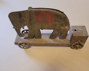 1940s- WORKING- Tin Elephant Circus Toy- Push/ Pull- Head Moves