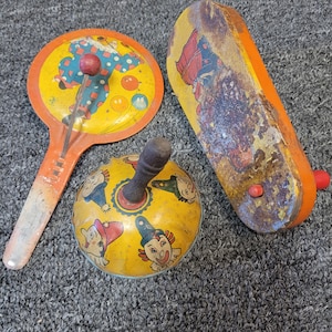 Lot of 3 Vintage Tin Litho Noisemakers 1950s