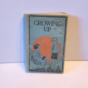 May include: A vintage book titled "Growing Up" with a blue cover and an illustration of two children in a hammock. The illustration is in black and white with a red-orange sun in the background.
