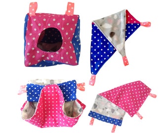 SALE - Handmade Upcycled 4 Rat or Small Pet Hammocks and Cube Set made from Cotton & Short Piled Faux Fur Fleece - Ready to Ship