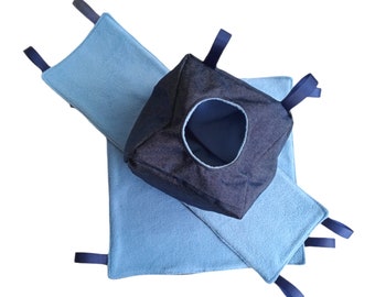 3 PIECE Rat Hammock Set, Rat Cage Accessories, Rat Bed, Rat Hammock UK, Pet Bed - Denim & Polar Fleece
