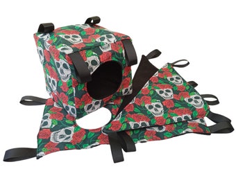 4 Piece Rat Hammock Set - Small Pet Hammock Set - 1 Cube Hammock, 1 Corner Hammock, 1 Rectangular Hammock Skulls, Roses & Polar Fleece