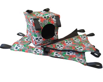 4 Piece Rat Hammock Set - Small Pet Hammock Set - 1 Cube Hammock, 2 Corner Hammocks, 1 Rectangular Hammock Skulls, Roses and Polar Fleece
