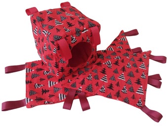 4 Piece Rat Hammock Set - Small Pet Hammock Set - 1 Cube Hammock, 2 Corner Hammocks, 1 Rectangular Hammock Christmas Trees and Polar Fleece