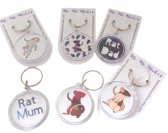 Rat Keyring / Keychain - Round Double Sided Clear Keyrings with Cute Rat Designs - Rat Mum / Rat Dad / I Love Rats