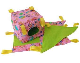 4 Piece Rat Hammock Set - Small Pet Hammock Set - 1 Cube Hammock, 2 Corner Hammocks, 1 Rectangular Hammock - Owls & Polar Fleece