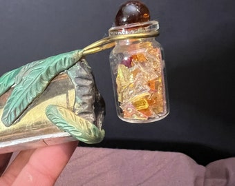 handmade stained glass kaleidoscope, yellow glass and glass jar with sparkle bits, lead free solder, decorated with sculpted clay