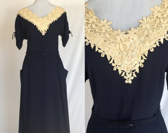 1940s Rayon Navy Blue Dress Lace Neckline with Rhinestones large/xl