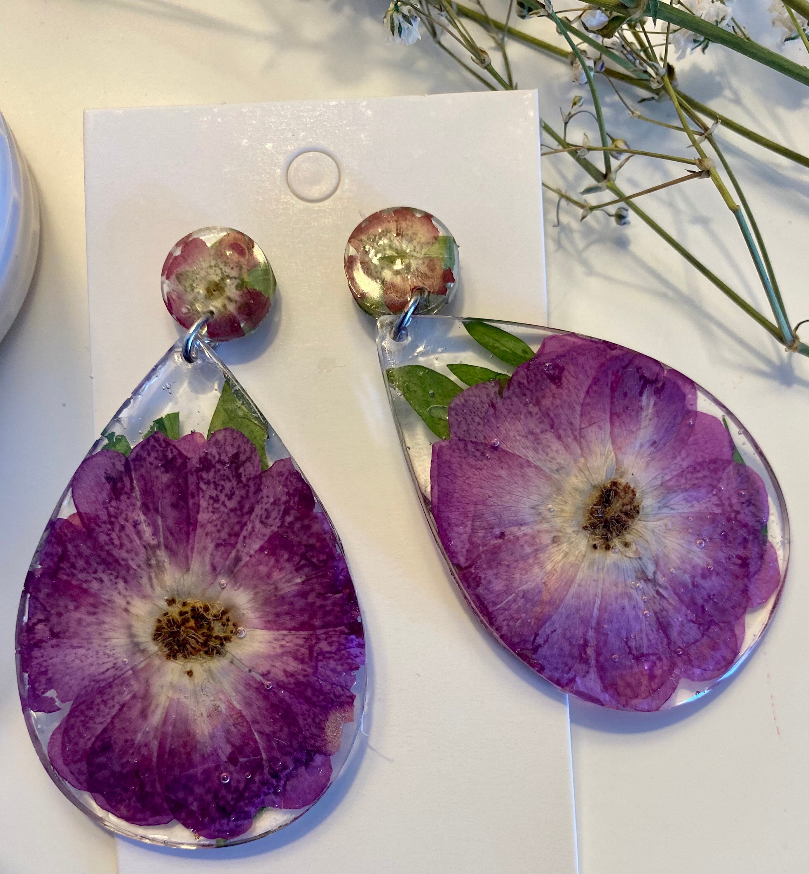 Large purple floral drop earring Etsy