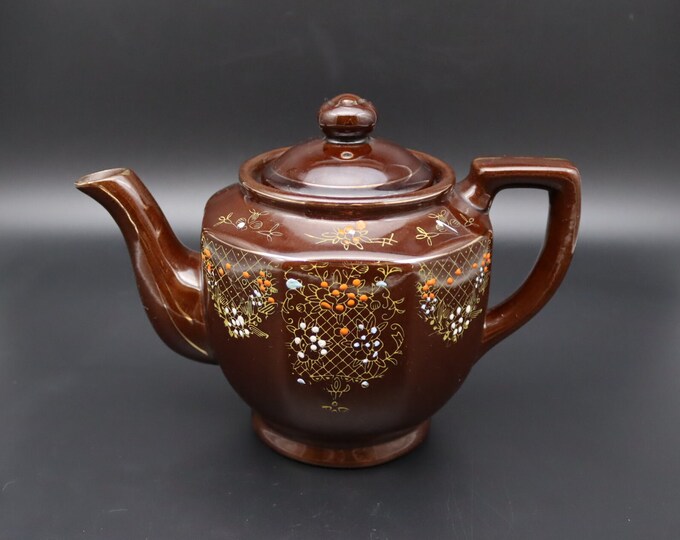 Vintage Brown Teapot Japan Redware Hand Paint Pottery Etsy