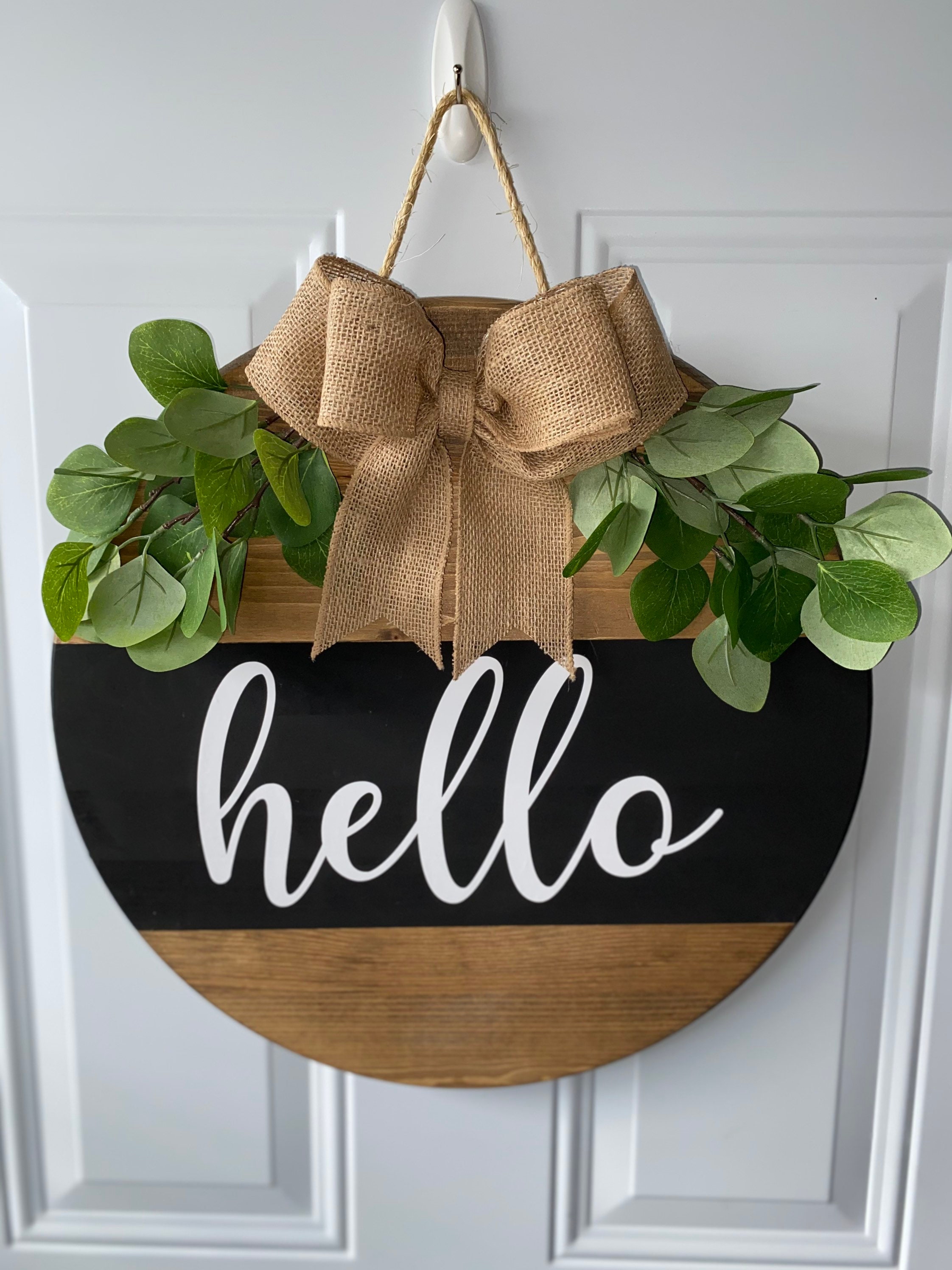 Circle Door Hanger Wood Circle With Bow and Greenery Hello Sign Etsy