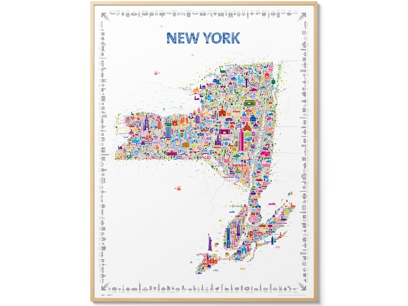 Iconic New York State Poster Map Colorful Modern Style Wall Art Print