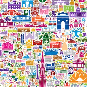 A vibrant, multi-colored graphic illustration of Delhi, India featuring stylized landmarks, monuments, and neighborhood names like Chanakyapuri, Khan Market, and Nehru Place. The dense composition uses a flat, bold color palette. It is a colorful wall art poster.