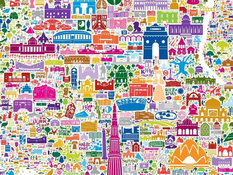 A vibrant, multi-colored graphic illustration of Delhi, India featuring stylized landmarks, monuments, and neighborhood names like Chanakyapuri, Khan Market, and Nehru Place. The dense composition uses a flat, bold color palette. It is a colorful wall art poster.