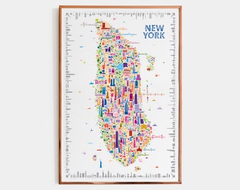Iconica opera d'arte del poster di New York per la decorazione delle pareti di casa, soggiorno e ufficio – Designer vintage colorato Wall Art Gift of Trendy NYC Map Print