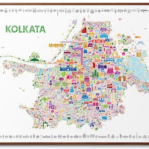Póster colorido icónico de Calcuta: mapa de diseño de recuerdo de la ciudad de la alegría de la India, impresión artística para decoración del hogar o la oficina / arte mural moderno y único