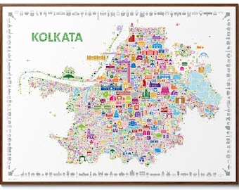 Kolkata Map Poster, Colorful City of Joy Wall Art Print
