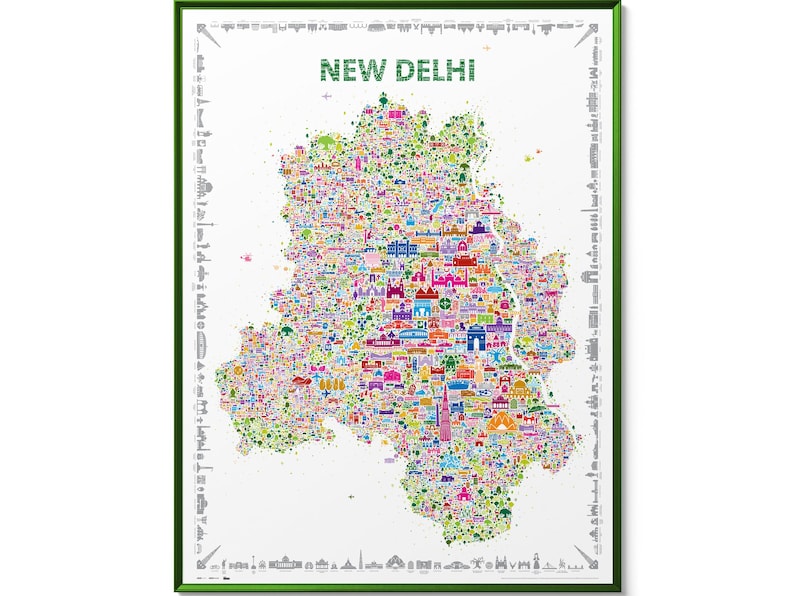A framed wall art print featuring a colorful map poster of New Delhi. The map is composed of numerous small, vibrant icon illustrations of landmarks and city icons. The text NEW DELHI is printed in green at the top center of the white background.