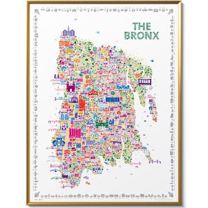 Poster emblématique de la carte du Bronx | Impression colorée tendance de l'arrondissement de New York pour la décoration d'un bureau à domicile et d'un salon - oeuvre d'art murale de voyage