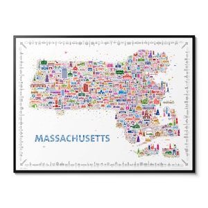 May include: A framed art print of the state of Massachusetts, filled with colorful illustrations of buildings and landmarks. The word "MASSACHUSETTS" is displayed in blue letters at the bottom of the print. The artwork is set against a white background.