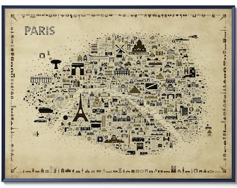 Paris Map Poster, Antique Edition, Sepia City of Light Wall Art Print