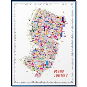 Iconic New Jersey Wall Art Poster | Art Print Map of NJ USA for Home or Office Wall Décor | Colorful Gift Garden State Landmarks and Legends