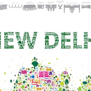 A graphic print poster featuring the text NEW DELHI in green, composed of small architectural icons. Above, a row of grey landmark silhouettes. Below, a colorful collage of various small icons including trees, people, and buildings. It is a wall art decor artwork.