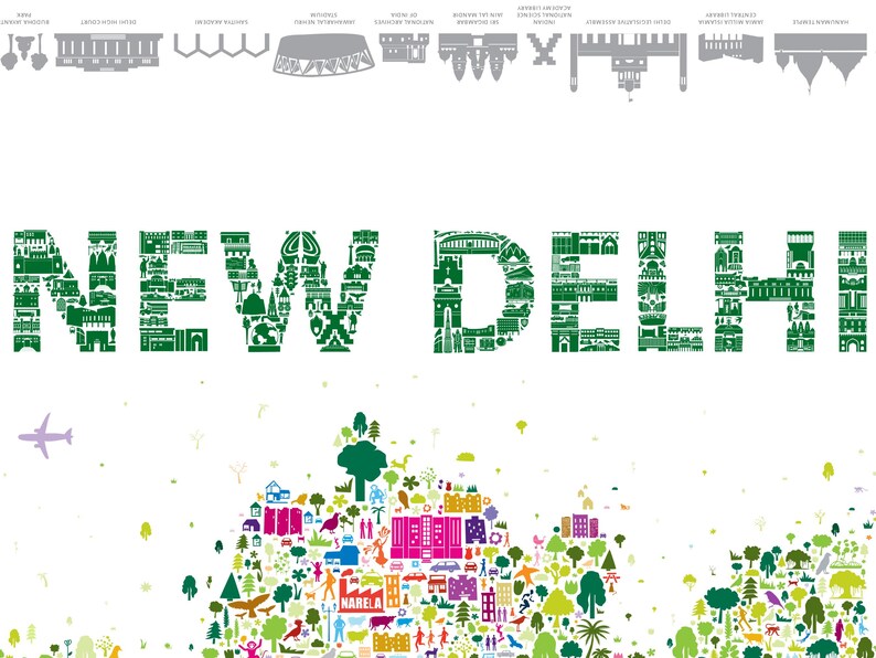 A graphic print poster featuring the text NEW DELHI in green, composed of small architectural icons. Above, a row of grey landmark silhouettes. Below, a colorful collage of various small icons including trees, people, and buildings. It is a wall art decor artwork.