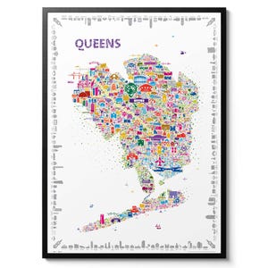 May include: A framed art print featuring a colorful, detailed map of the New York City borough of Queens. The map is composed of numerous small, vibrant illustrations of local landmarks and icons, with the word QUEENS printed in purple.