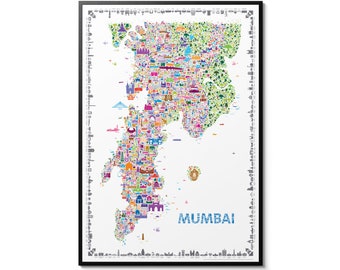 Iconic Mumbai Map Poster: Colorful Bombay Wall Art Print, India Travel Souvenir