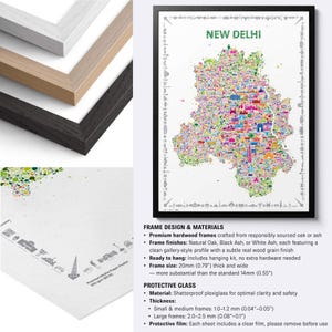 Colorful New Delhi illustrated map poster with black, natural and white hardwood frame options, premium matte paper and framing specifications.