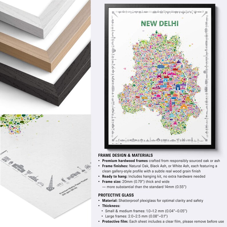 Colorful New Delhi illustrated map poster with black, natural and white hardwood frame options, premium matte paper and framing specifications.
