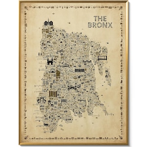 May include: Framed map print of The Bronx, New York, in a vintage style. The map is filled with detailed illustrations of landmarks and buildings in black and gold tones. The words "THE BRONX" are at the top.