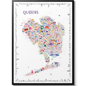 Póster icónico de Queens: impresión de arte mural de estilo moderno y colorido de Nueva York para la decoración de paredes del hogar, el apartamento y la oficina: obra de arte moderna del distrito de Nueva York