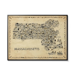 Può includere: Mappa incorniciata del Massachusetts con un'illustrazione dettagliata dei monumenti e delle città dello stato. La mappa è in tonalità marroni e nere, con la parola "MASSACHUSETTS" stampata in basso. È racchiusa in una cornice nera.