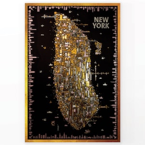 Plakat z mapą Nowego Jorku w dużym druku | Prawdziwe złoto, srebro, miedź, brąz i metaliczne tusze - Glam NYC Wall Art Decor Dzieła sztuki na ściany domu