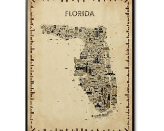 Florida Antique Map Poster, Vintage Illustrated Wall Art Print