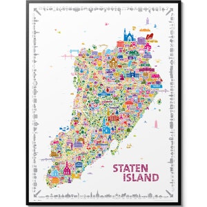 Póster de arte de pared icónico de Staten Island / Mapa moderno del distrito de Nueva York / Impresión retro vintage de viajes a Nueva York / Decoración para el hogar y la oficina / Obra de arte de moda de Nueva York