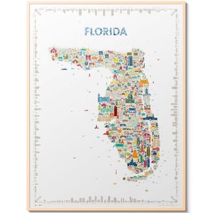 Impression d'affiche emblématique de la Floride - Palette de couleurs Mid-Century moderne - Carte d'art mural tendance de la Sunshine State pour les murs de la maison ou du bureau