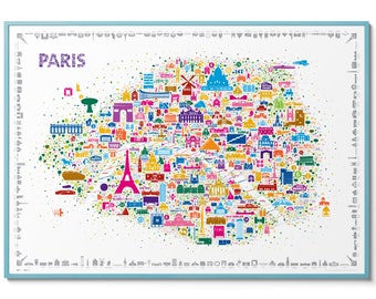 Paris Map Poster, Colorful City of Love Wall Art Print