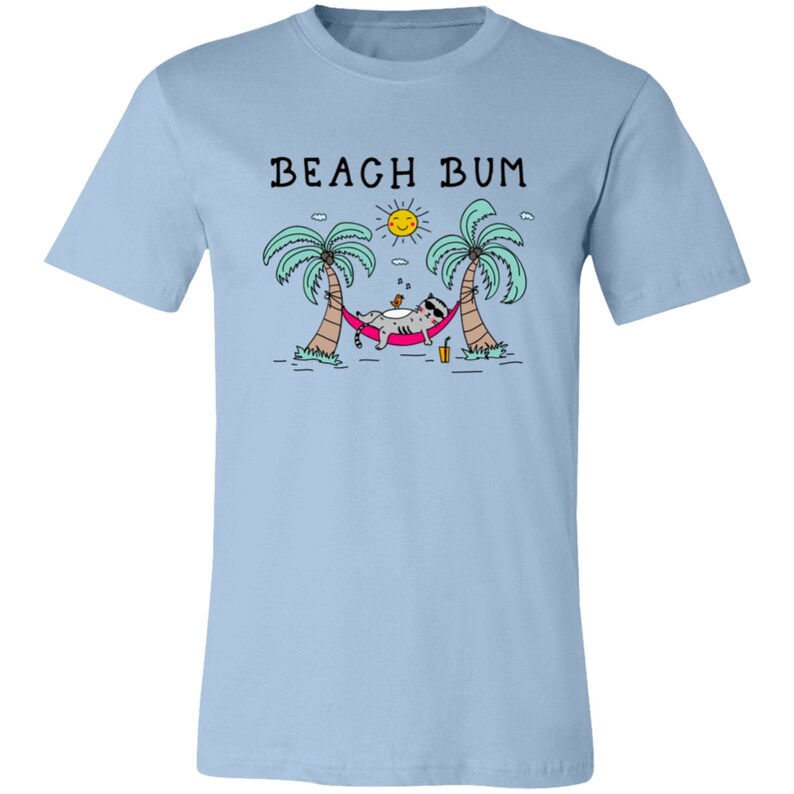 Beach Bum T-Shirt Unisex Tee Beach Life Summer Vacation Shirt Plus Size Beach Tee Cat Mom Cat Lover Gift Cute Cat Tropical Hawaiian Shirt Light Blue