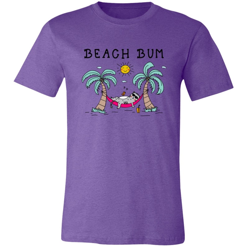 Beach Bum T-Shirt Unisex Tee Beach Life Summer Vacation Shirt Plus Size Beach Tee Cat Mom Cat Lover Gift Cute Cat Tropical Hawaiian Shirt Heather Team Purple
