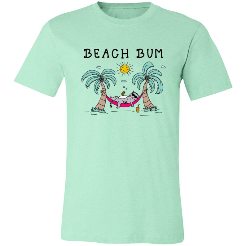 Beach Bum T-Shirt Unisex Tee Beach Life Summer Vacation Shirt Plus Size Beach Tee Cat Mom Cat Lover Gift Cute Cat Tropical Hawaiian Shirt Heather Mint