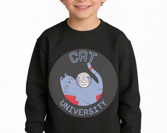 Cat University sweatshirt | Kids crewneck, playful kitten with yarn