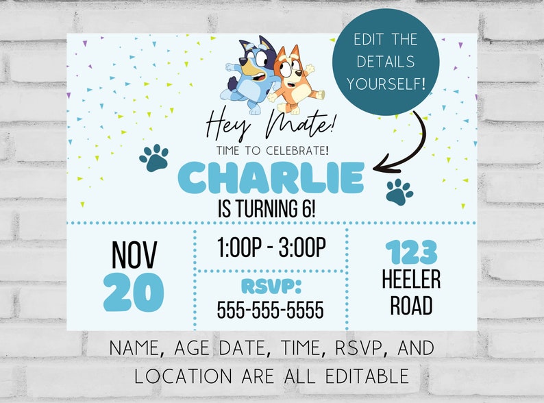 Personalized BLUEY Party Invitation DIGITAL DIY editable image 1