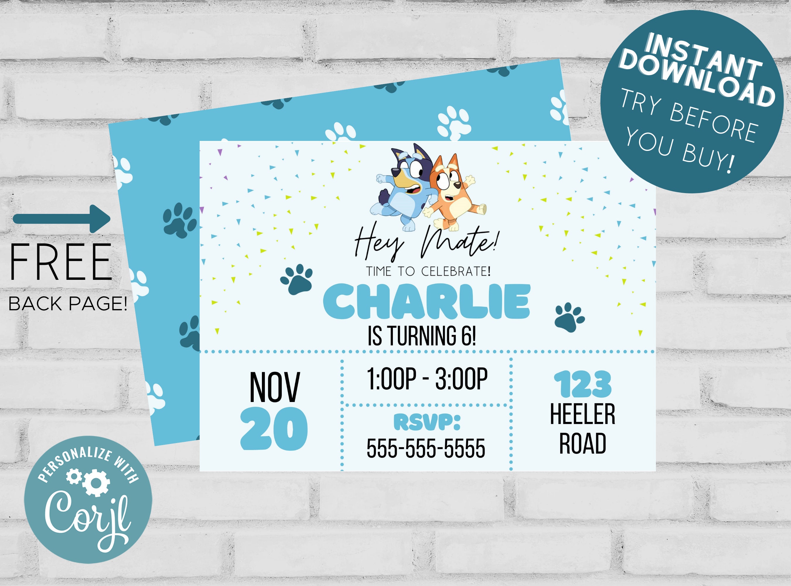 Personalized BLUEY Party Invitation - DIGITAL DIY editable invitation…