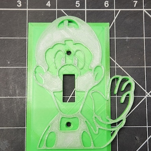 May include: A green plastic light switch cover featuring a white outline of a cartoon character wearing a hat, with a big smile and a raised hand. The character has a light switch in the middle of its chest.